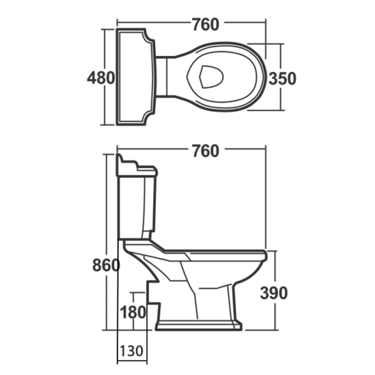 Rysunek techniczny - ANTIK spłuczka do kompaktu WC z mechanizmem spłukującym, biały