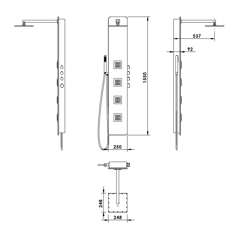 Rysunek techniczny - SPIRIT SQUARE panel prysznicowy z baterią termostatyczną 250x1550mm, biały