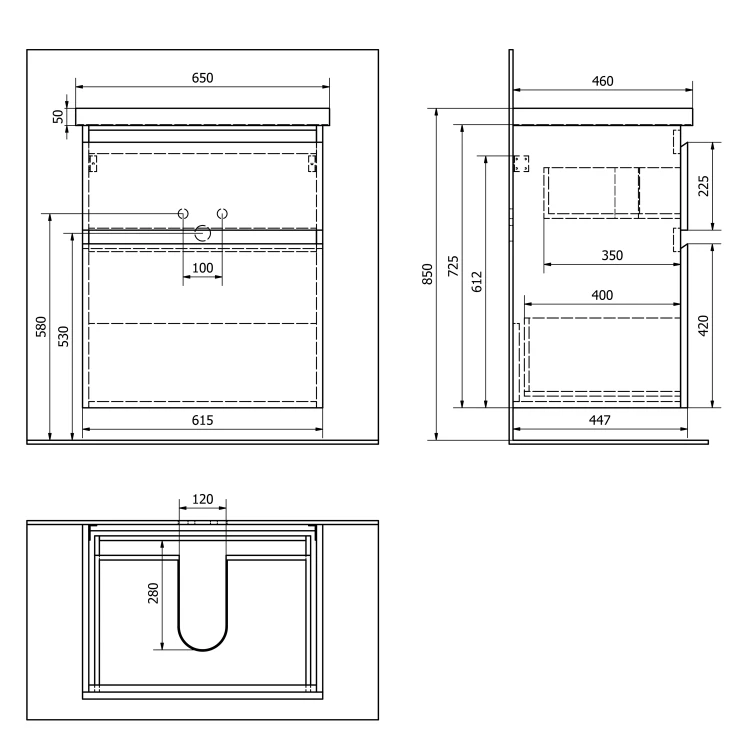 Rysunek techniczny - ALTAIR szafka umywalkowa 61,5x72,5x45cm, dąb emporio