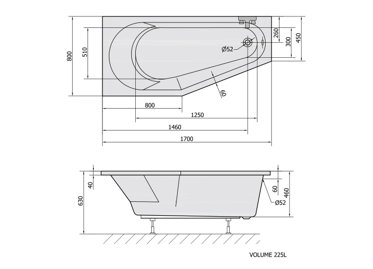 Rysunek techniczny - TIGRA L wanna asymetryczna 170x80x46cm, lewa, czarny mat