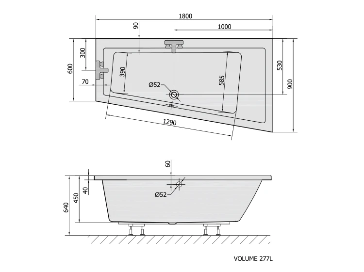 Rysunek techniczny - ANDRA R wanna asymetryczna 180x90x45cm, czarny mat