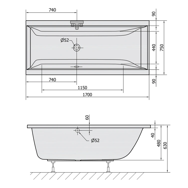 Rysunek techniczny - CLEO wanna prostokątna 170x75x48cm, czarny mat