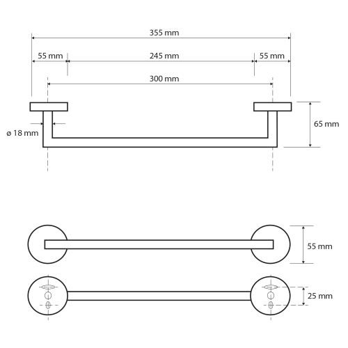 Rysunek techniczny - X-ROUND BLACK wieszak na ręczniki 300mm, czarny mat