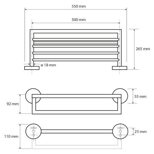 Rysunek techniczny - X-ROUND BLACK półka na ręczniki z relingiem 500mm, czarny mat
