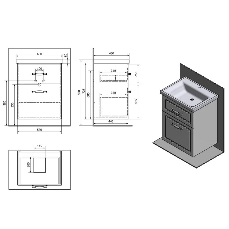 Rysunek techniczny - FAVOLO szafka umywalkowa 57x72,5x44,6cm, biały mat