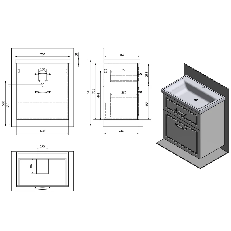 Rysunek techniczny - FAVOLO szafka umywalkowa 67x72,5x44,6cm, biały mat
