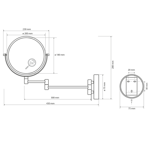 Rysunek techniczny - X-ROUND WHITE wiszące lusterko kosmetyczne, średnica 200mm, dwustronne, biały mat