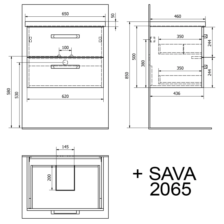Rysunek techniczny - VEGA szafka umywalkowa 62x50x43,6cm, 2 szuflady, biały