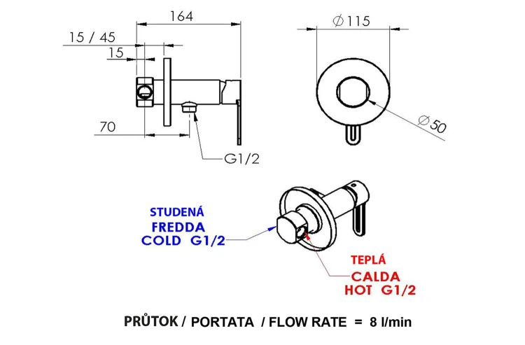 Rysunek techniczny - Bateria bidetowa podtynkowa ze słuchawką bidetową i wężem, czarny mat