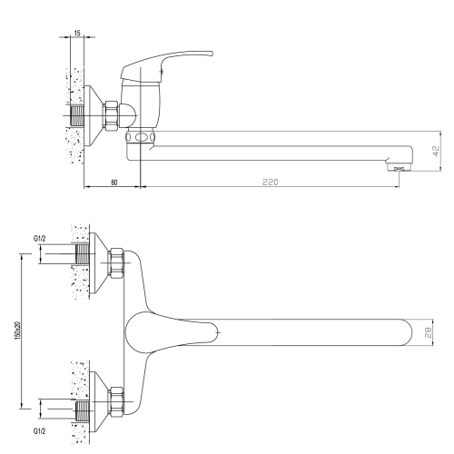 Rysunek techniczny - AQUALINE 35 bateria ścienna, uchwyt płaski 220mm, chrom