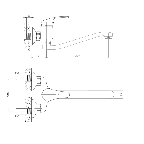 Rysunek techniczny - AQUALINE 35 bateria ścienna, 100mm rozstaw, uchwyt płaski podwyższony, chrom