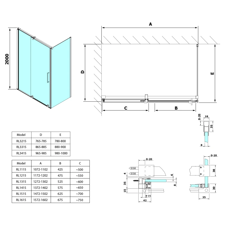 Rysunek techniczny - ROLLS kabina prysznicowa 1500x1000 mm, wariant L/R, szkło czyste