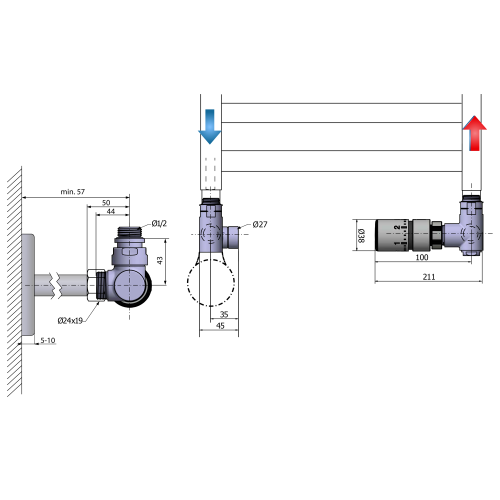 Rysunek techniczny - CORNER COMBI zestaw przyłączeniowy z termostatem, prawy, czarny mat