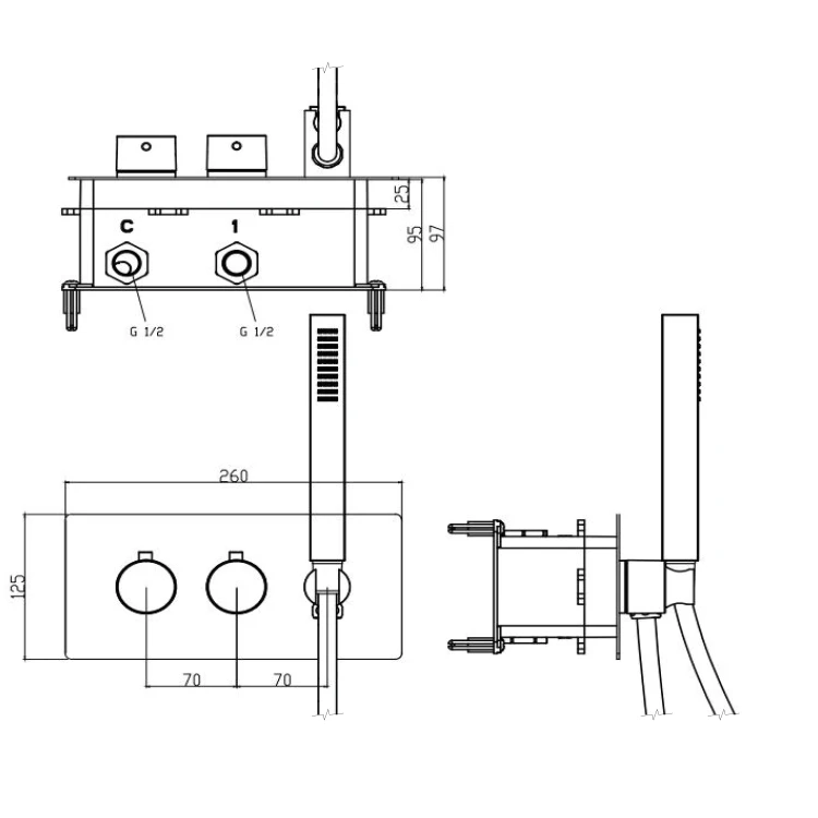 Rysunek techniczny - RHAPSODY bateria prysznicowa termostatyczna podtynkowa, rączka prysznicowa, 2/3 wyjścia, chrom