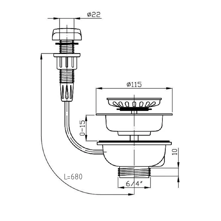 Rysunek techniczny - Odpływ zlewozmywakowy automatyczny 6/4", stal nierdzewna