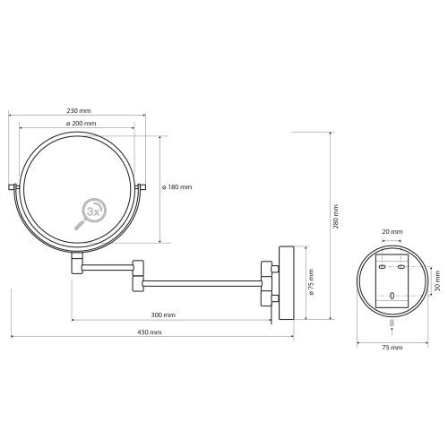 Rysunek techniczny - X-ROUND wiszące lusterko kosmetyczne, średnica 200mm, dwustronne, chrom