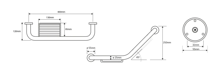 Rysunek techniczny - Poręcz z mydelniczką, 400x250x120 mm, stal nierdzewna polerowana