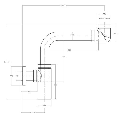 Rysunek techniczny - Syfon umywalkowy oszczędzający miejsce 5/4", odpływ 32mm, chrom