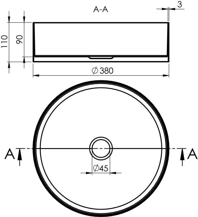 Rysunek techniczny - AURUM umywalka ze stali nierdzewnej, średnica 38cm, z korkiem, stal nierdzewna mat