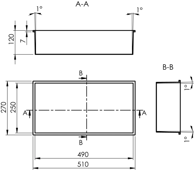Rysunek techniczny - DENBO półka wpuszczana, 510x270mm, stal nierdzewna, gun metal