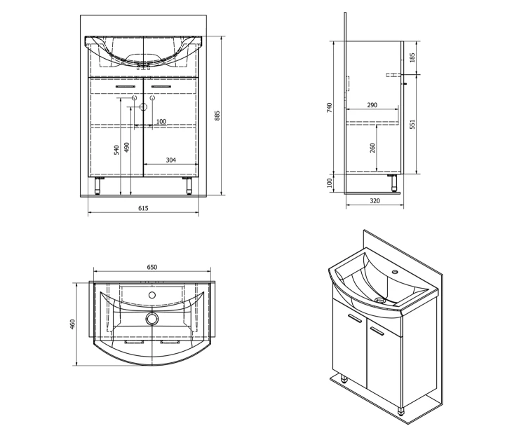 Rysunek techniczny - ZOJA szafka umywalkowa 61,5x74x32,5cm, dąb platin