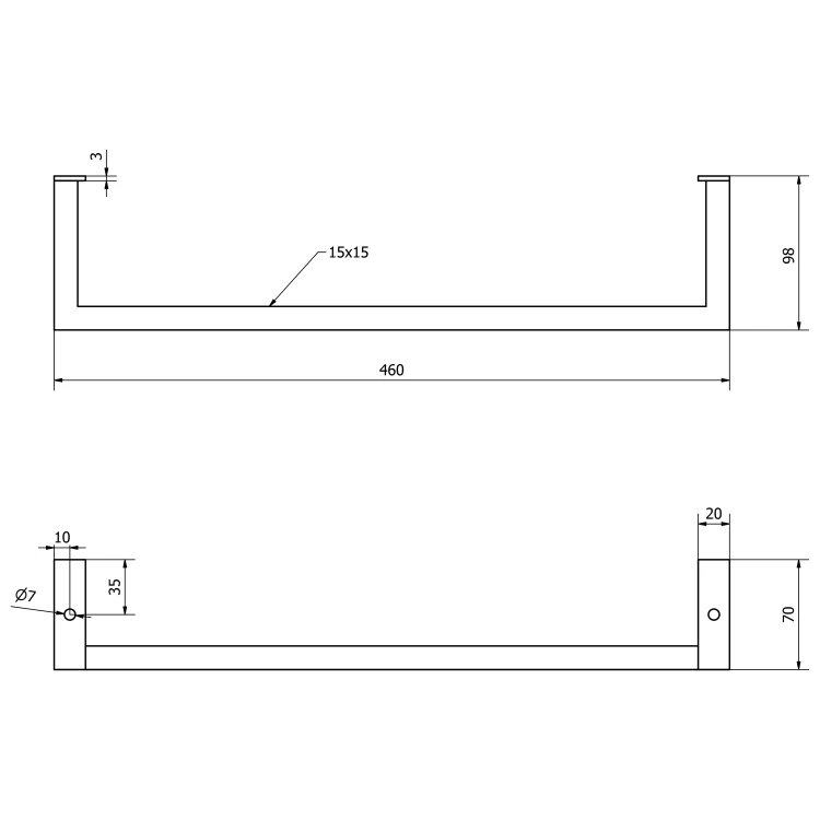 Rysunek techniczny - HANG wieszak na ręczniki pod umywalkę 460x98mm, czarny mat