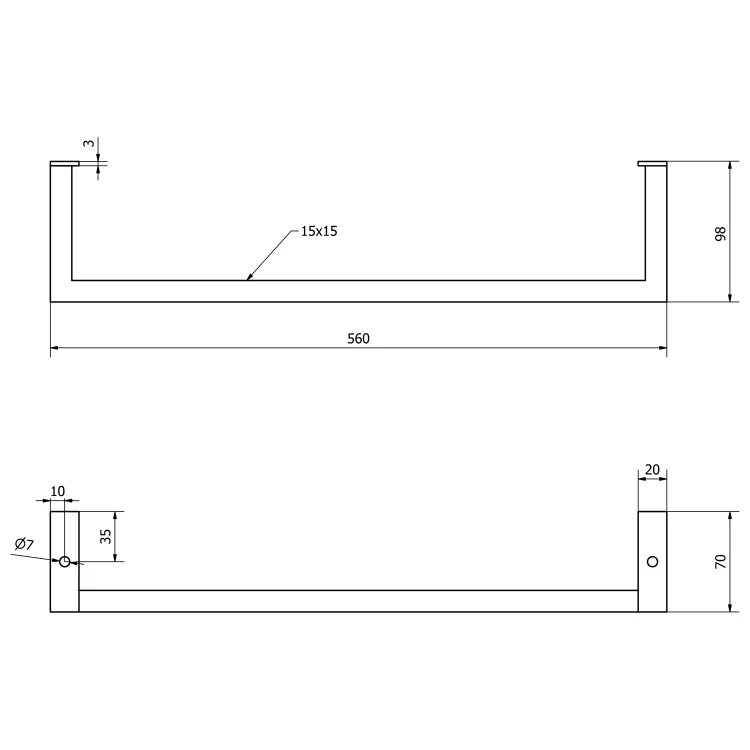 Rysunek techniczny - HANG wieszak na ręczniki pod umywalkę 560x98mm, czarny mat