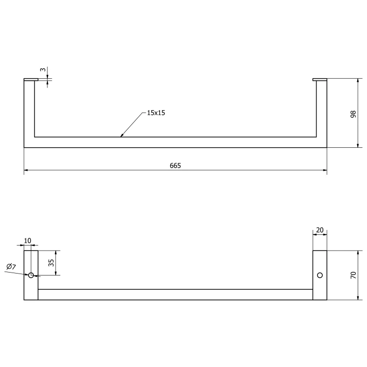 Rysunek techniczny - HANG wieszak na ręczniki pod umywalkę 665x98mm, czarny mat