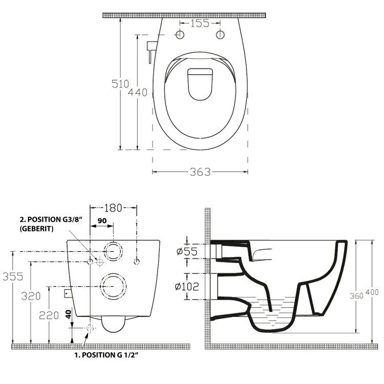 Rysunek techniczny - SENTIMENTI CLEANWASH WC wiszące, z dyszą bidetową i zaworem, Rimless, 36x51cm, biały