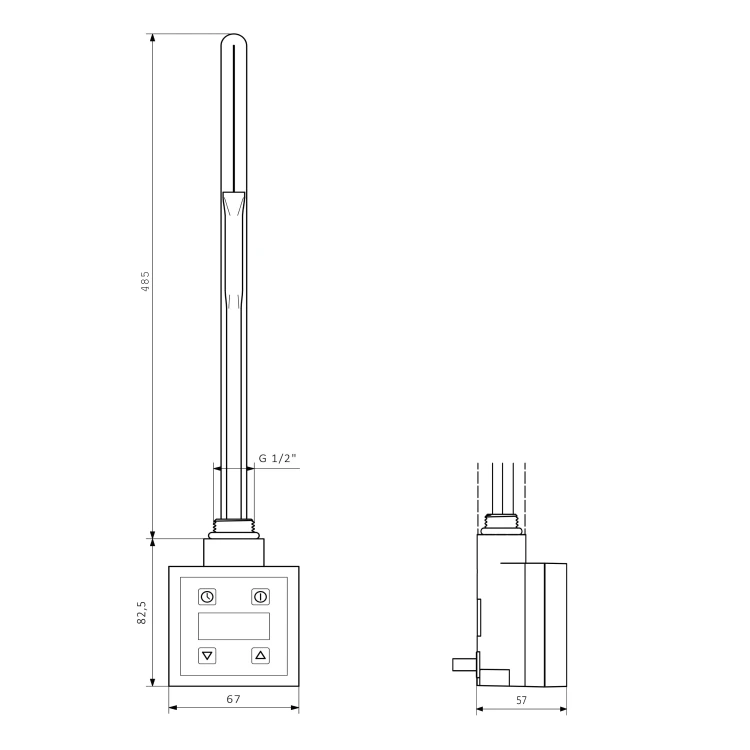 Rysunek techniczny - KTX grzałka elektryczna z termostatem, 800 W, czarny mat