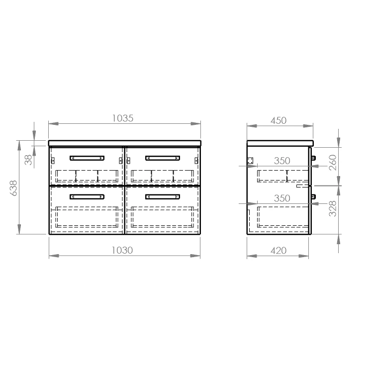 Rysunek techniczny - VEGA zestaw łazienkowy, szerokość 104 cm, biały/dąb platin