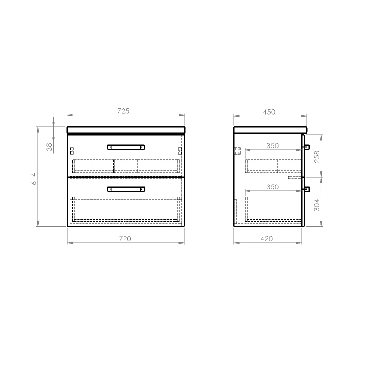 Rysunek techniczny - VEGA zestaw łazienkowy, szerokość 72,5 cm, biały/dąb platin