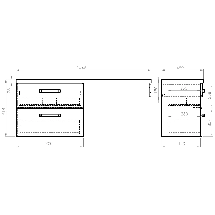 Rysunek techniczny - VEGA zestaw łazienkowy, szerokość 145 cm, biały/dąb platin