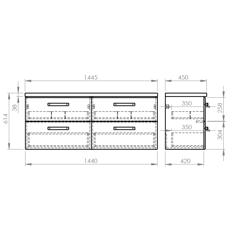 Rysunek techniczny - VEGA zestaw łazienkowy, szerokość 145 cm, biały/dąb platin