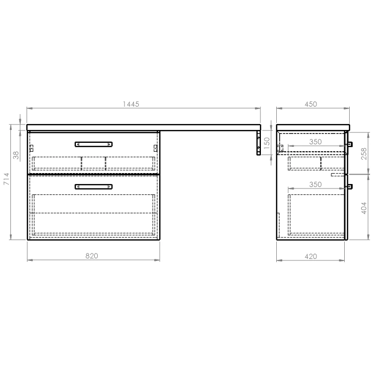 Rysunek techniczny - VEGA zestaw łazienkowy, szerokość 145 cm, biały/dąb platin