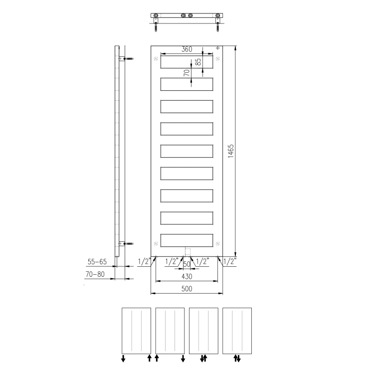Rysunek techniczny - BLOCK grzejnik łazienkowy 500x1465 mm, czarny mat