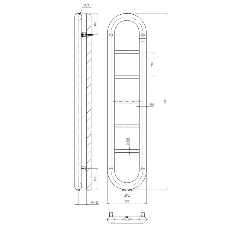 Rysunek techniczny - HORIZON grzejnik łazienkowy 330x1500 mm, czarny mat