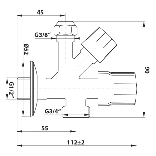 Rysunek techniczny - Zawór kombinowany 1/2 "x3/4 "x3/8", chrom