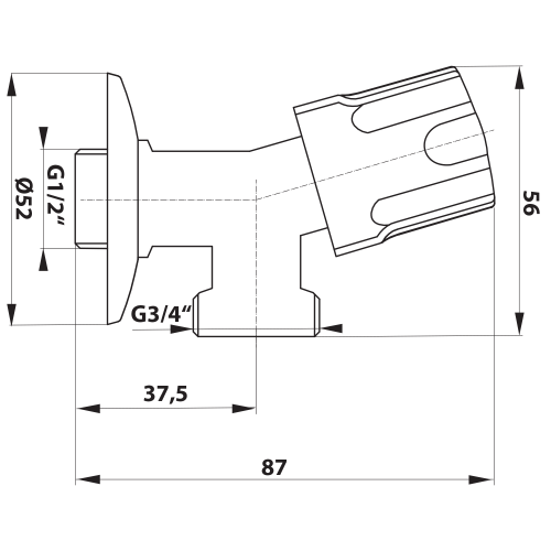 Rysunek techniczny - Zawór pralki z zaworem zwrotnym, 1/2 "x3/4", chrom