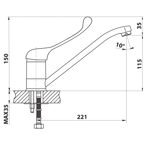 Rysunek techniczny - HOFFER bateria kuchenna, Dźwignia medyczna, 221mm, chrom