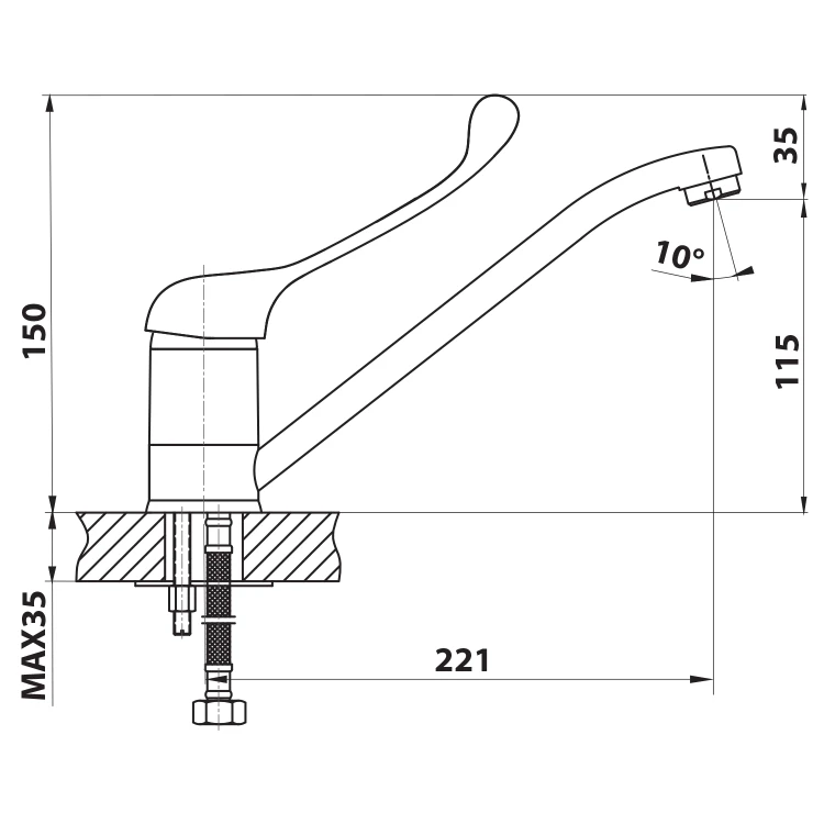 Rysunek techniczny - HOFFER bateria kuchenna, Dźwignia medyczna, 221mm, chrom