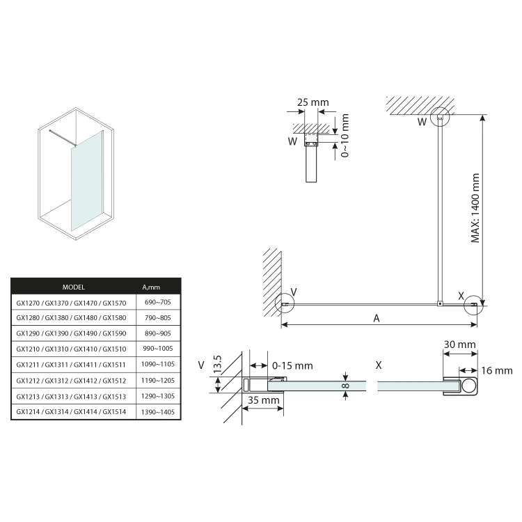 Rysunek techniczny - VARIO WHITE jednoczęściowa kabina przysznicowa Walk-In, montaż przy ścianie, szkło dymione, 700 mm