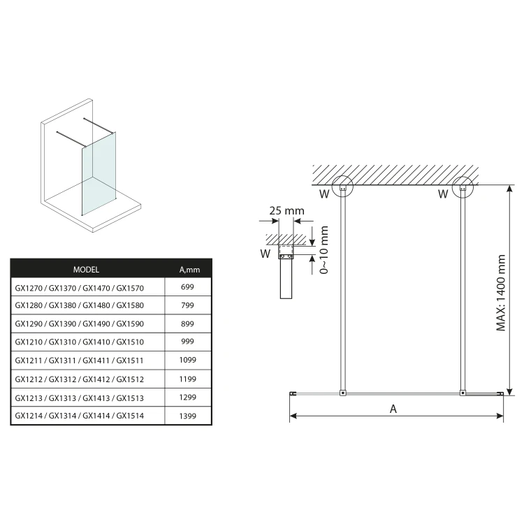 Rysunek techniczny - VARIOWHITE jednoczęściowa kabina przysznicowa Walk-In, szkło matowe, 1300 mm