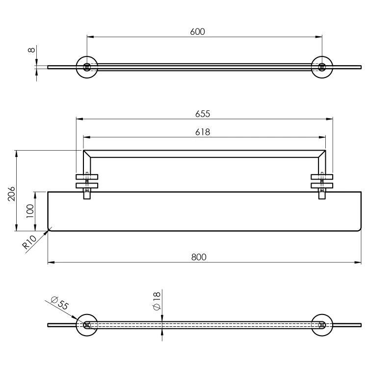 Rysunek techniczny - X-ROUND półka z wieszakiem na ręczniki do kabin ARCHITEX, chrom