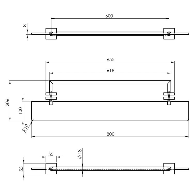 Rysunek techniczny - X-SQUARE półka z wieszakiem na ręczniki do kabin ARCHITEX, chrom