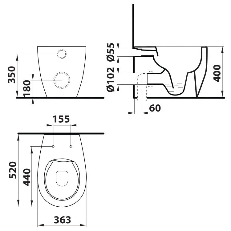 Rysunek techniczny - SENTIMENTI miska WC 36x52 cm, Rimless, dolny/tylny odpływ, biały
