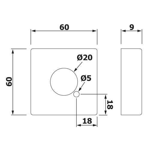 Rysunek techniczny - Rozeta kwadratowa 60/25mm, wysokość 10mm, chrom