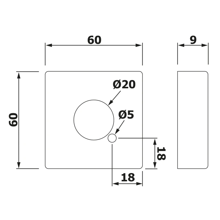 Rysunek techniczny - Rozeta kwadratowa 60/25mm, wysokość 10mm, chrom