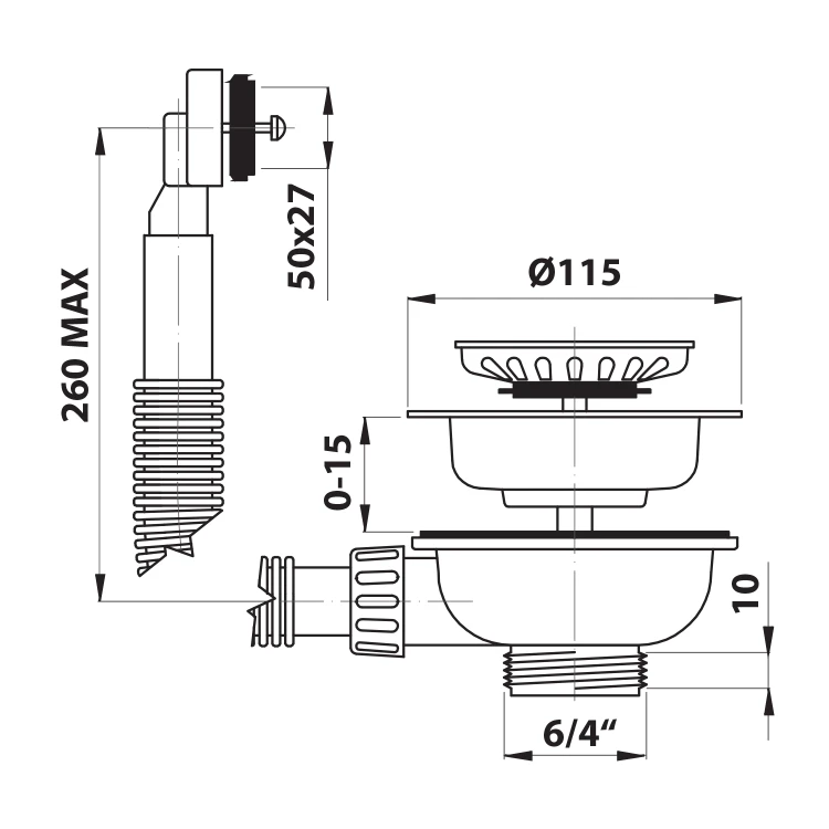 Rysunek techniczny - Odpływ zlewozmywakowy 6/4", z przelewem, stal nierdzewna