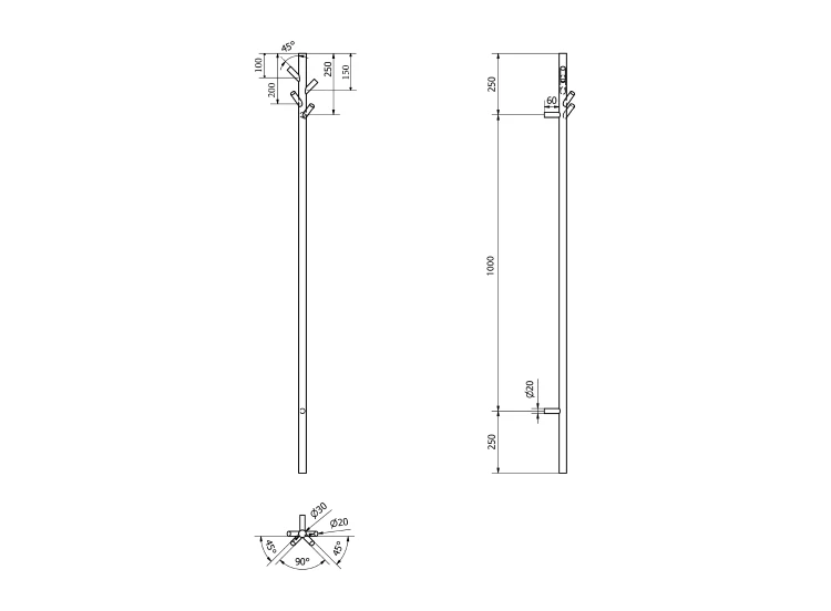 Rysunek techniczny - PASADOR elektryczna suszarka na ręczniki, okrągła, 150x1500 mm, 30 W, stal nierdzewna polerowana